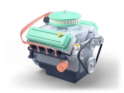 Grauer V8-Motor mit zwei mintfarbenen Ventildeckeln, großem rundem Luftfilter in Mint und korallenfarbenen Zündkabeln