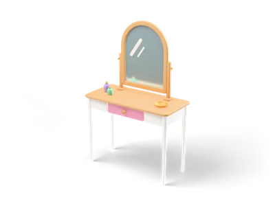 White vanity table with an oak top, an arched mirror in a wooden frame, a pink drawer and small perfume bottles