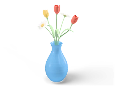 Sky-blue ceramic vase with red and yellow tulips and two white daisies