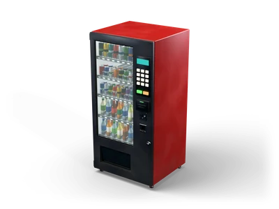 Máquina expendedora roja con frente de cristal lleno de botellas y latas, teclado iluminado y bandeja de salida