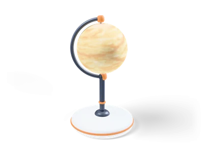Hellgelber Venus-Globus mit wirbelnden cremefarbenen Wolkenschleiern auf schlankem Ständer mit orangen Kappen und weißem Sockel