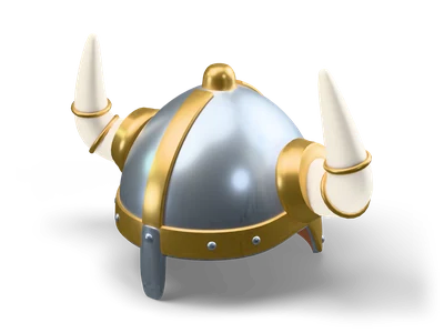 Stylized viking helmet with a round steel bowl, brass bands, steel nasal guard and two curved cream horns with brass rings
