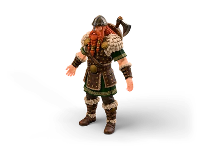 Viking with braided red beard, nose-guard helmet, fur collar, studded leather vest, green tunic and axe