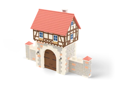 Dorftorturm aus Stein mit Fachwerk-Obergeschoss, korallrotem Dach und Rundbogendurchfahrt mit Holztoren