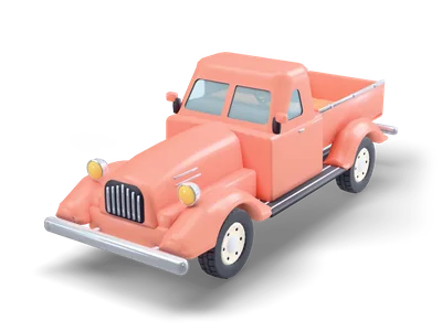 Coral red 1940s pickup truck with round fenders, round chrome headlights, a tall grille and a wooden bed