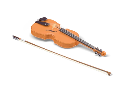 Warm brown violin lying on its back with ebony fingerboard, f-holes and a bow lying in front