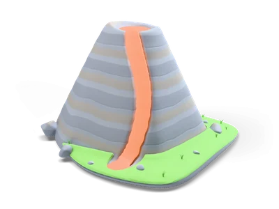 Grey faceted volcano with an orange glowing lava lake in the crater and a lava stream down its side