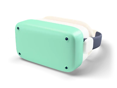 Mint and cream VR headset with thick cream face cushion, two round lenses inside and a dark padded head strap
