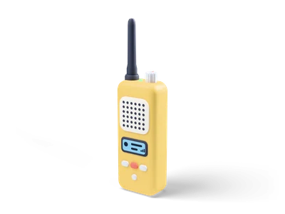 Butter yellow walkie-talkie with black antenna, white knob, dotted speaker grille, light blue display and three keys