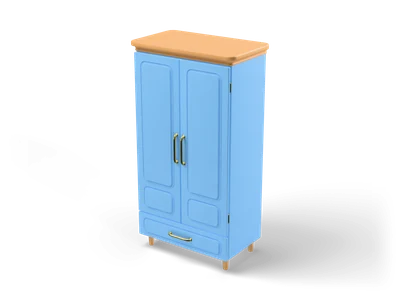 Sky-blue two-door wardrobe with honey-wood top, gold handles, bottom drawer and short wooden legs