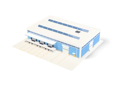 Sky-blue warehouse hall with covered loading dock, white roller door, roof light strips and a marked yard