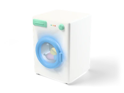 White front loading washing machine with a blue porthole ring, colourful laundry inside and a mint dial