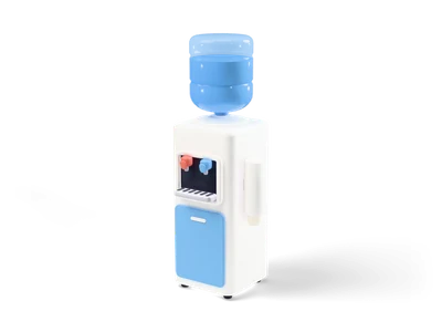 Weißer Wasserspender mit kopfüber sitzender blauer Wasserflasche, rotem und blauem Hahn und seitlichem Becherhalter