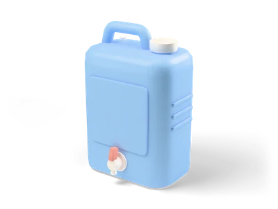 Light blue plastic water canister with a carry handle, white cap and a small tap at the bottom