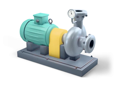 Centrifugal water pump with teal electric motor, yellow coupling guard, grey spiral casing and a gauge