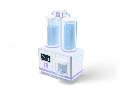 White water recycler with two tall glass columns of blue water, grey pipes to a top unit, a small display and a tap with a glass of water