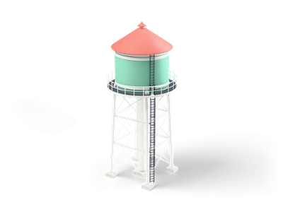 Mint green water tank with coral cone roof on a white steel lattice tower with balcony and ladder