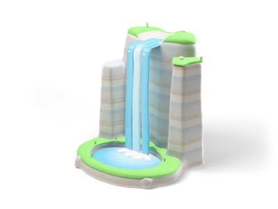 Grey rock wall with three blue and white water bands falling into a round blue pool with white foam and green grass