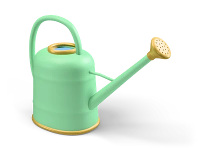 Mint green metal watering can with brass foot rim, brass filler collar, long spout and round brass rose