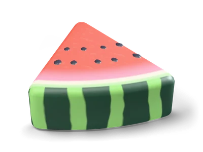 Watermelon wedge with red flesh, black seeds, pale inner rind and striped green skin