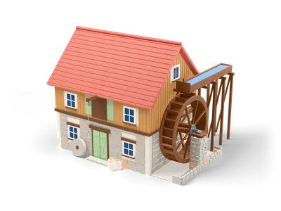Wassermühle aus Stein und ockerfarbenem Holz mit korallrotem Dach, großem Holzwasserrad und Rinne auf Böcken