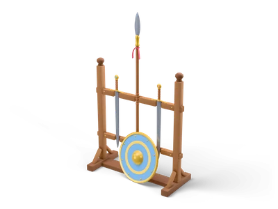 Stylized wooden weapon rack with two hanging swords, an upright spear and a sky-blue round shield leaning in front
