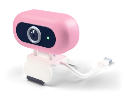 Pink rounded webcam with dark front panel, lens and green light on a cream clip stand with a short USB cable