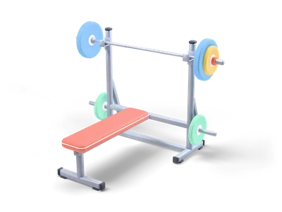 Flat weight bench with coral pad and a rack holding a barbell with blue and yellow plates