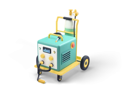Teal welding machine on a yellow trolley with a mint gas cylinder, black hoses and yellow knobs