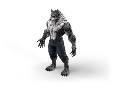 Upright werewolf with grey fur, white mane, blue eyes and long claws, wearing torn dark trousers in A-pose