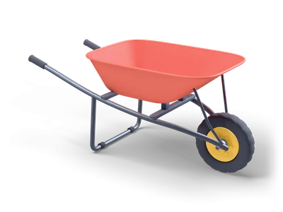 Red wheelbarrow with deep steel tray, dark tubular frame, two handles with grips and a black tyre on a yellow rim