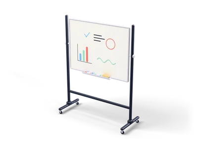 Mobile whiteboard on a dark stand with castors showing simple drawn charts and a tray with colourful markers