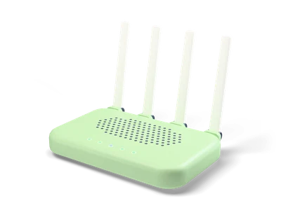 Sage green WiFi router with honeycomb vent holes, a row of small status lights and four upright cream antennas