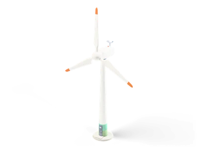 White wind turbine with a slim tower, green bands at the base and three blades with orange tips