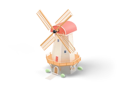 Cream octagonal tower windmill with coral cap, four wooden lattice sails and a wooden stage with railing