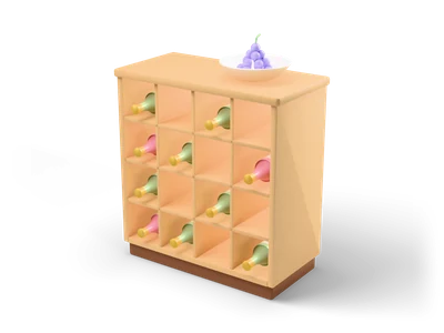 Wooden wine rack with square compartments, colourful bottles lying inside and a bowl of purple grapes on top