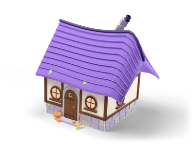 Crooked witch cottage with steep purple roof, glowing round windows, stone chimney, pumpkins and a broom