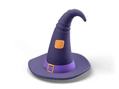Dark purple witch hat with a drooping bent tip, purple band with gold buckle and moon and an orange patch