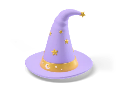 Lavender wizard hat with a curled tip, gold stars, a gold band with a cream moon and a puffy gold star on top