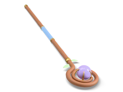 Stylized wizard staff lying flat, walnut wood curling into a spiral around a lavender crystal orb with brass claws, green leaves and a blue grip