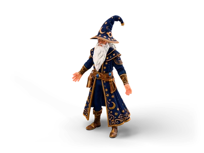 Old wizard with long white beard, pointed navy hat and navy robe with gold stars and crescent moons