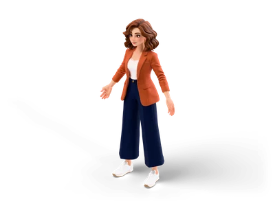 Stylized woman with wavy auburn hair in a rust blazer, white top, navy wide-leg trousers and white sneakers