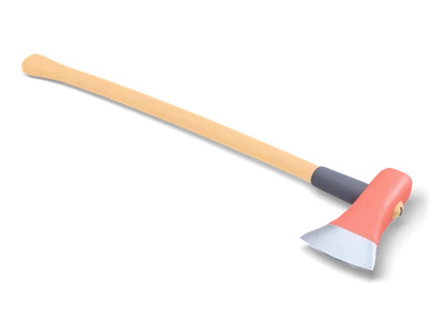 Splitting axe with red wedge head, silver cutting edge, dark rubber guard and a long curved light wood handle