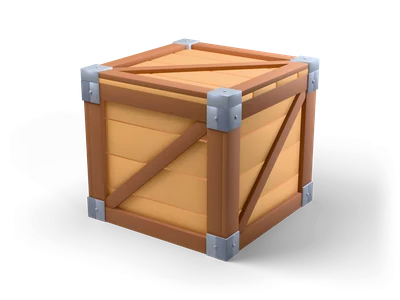Caja de madera cúbica con tablas color miel, refuerzos diagonales oscuros y esquineras grises de hierro