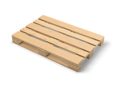 Flache Holzpalette mit Fichtenmaserung, fünf Deckbrettern, Holzklötzen und kleinen Nagelköpfen