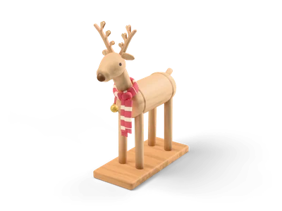Light wooden reindeer figure with flat antlers and a red and cream striped scarf on a small wooden base