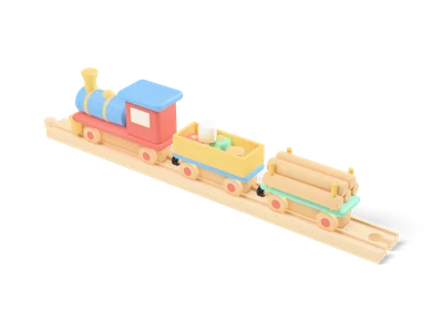 Wooden toy train with a red, blue and yellow locomotive, a block wagon and a log wagon on a wooden track