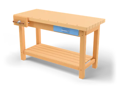 Light wooden workbench with slatted top, front vise, blue drawer with steel pull and a slatted lower shelf