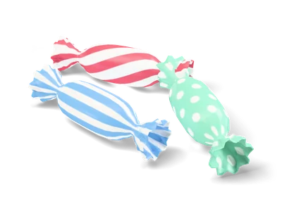 Three wrapped candies with twisted wrapper ends in red stripes, mint dots and blue lines