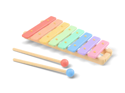 Kids xylophone with eight pastel rainbow bars on a wooden frame and two mallets with red and blue balls